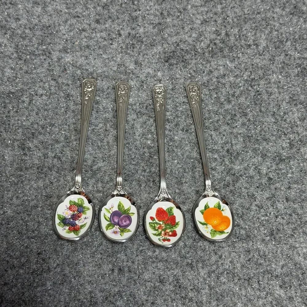Avon Vintage Stainless Enameled Fruit Spoon Set Of 4 With Fruit Made In Japan - Picture 1 of 6